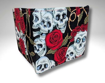Porta credencial azul con calavera y rosas, billetera para permiso de estacionamiento, caja fuerte holográfica