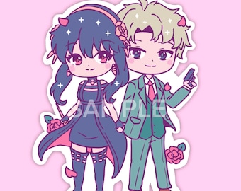May include: A sticker featuring a cartoon couple holding hands, with the word "SAMPLE" across the center. The woman has dark blue hair and a black dress, while the man wears a green suit and holds a gun. Pink roses and petals are scattered around them.