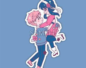 May include: A sticker featuring a cartoon couple, a girl with blue hair and a pink sweater holding a boy with brown hair and a blue sweater. They are both smiling and looking at each other.