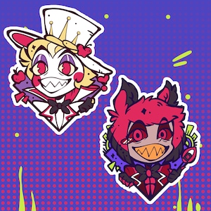 May include: Two cartoon characters with red and white accents. The character on the left is wearing a top hat and a bow tie. The character on the right is wearing a red suit with a bow tie and has a red fox tail.