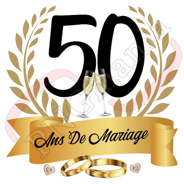 50 Ans De Mariage PNG, jpg, pdf, 50 Golden Years PNG - Carte de vœux Français anniversaire, Français art numérique anniversaire, Téléchargement instantané