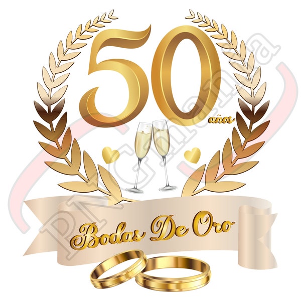 50 años bodas de oro PNG, Golden years PNG, JPG, pdf - Spanish Anniversary Greeting card, Spanish Anniversary Digital Design, Download file