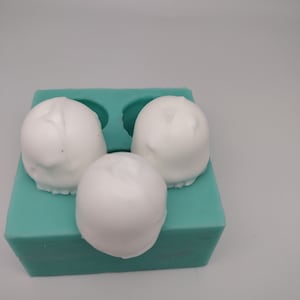 May include: Three white round objects in a teal silicone mold. The mold has three circular depressions, each containing one of the white objects.