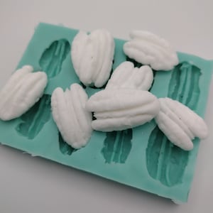 Könnte beinhalten: Eine türkisfarbene Silikonform mit acht Vertiefungen in Form von Pecan-Hälften. Weiße, pecanförmige Süßigkeiten sind über die Form verteilt.