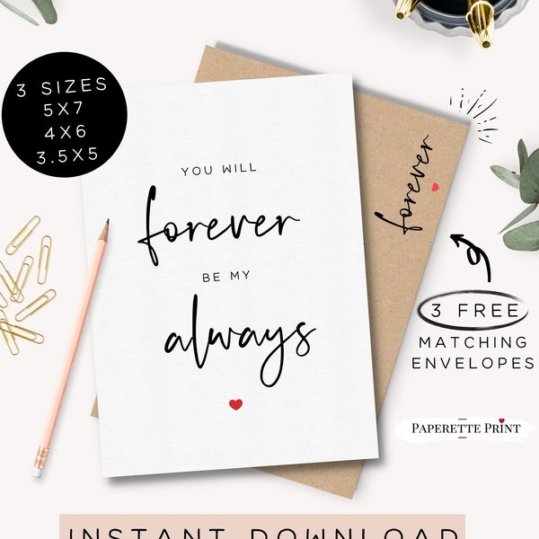 Forever Be My Always Printable Card and Envelope, Romantic Card Template, Cute Romantic Digital Card, Couples Gift Digital Download