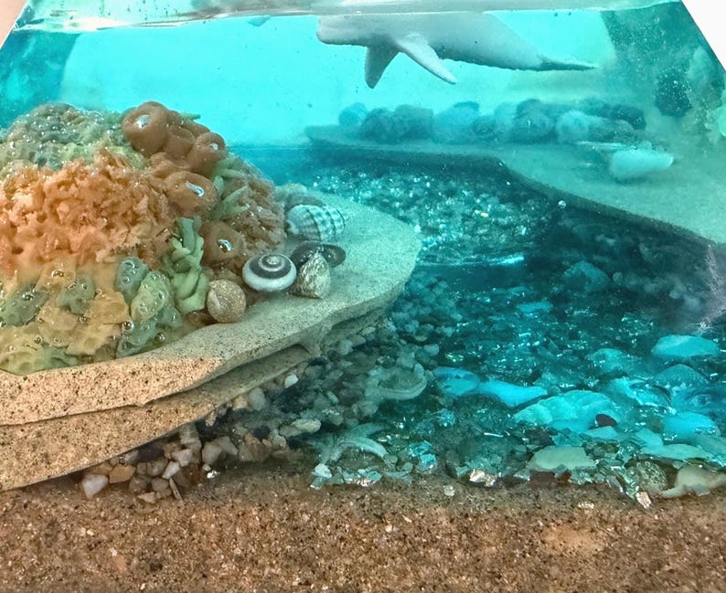 May include: A miniature ocean diorama featuring a sculpted whale swimming above a coral reef. The reef is composed of layered rock and sand, with colorful coral and seashells. The water is a clear, turquoise blue.