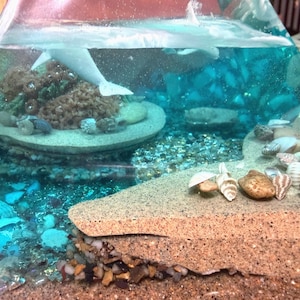 May include: A clear, pyramid-shaped resin art piece with a miniature ocean scene. It features a white dolphin, coral, seashells, and sand. The water is a vibrant blue, and the base is a sandy color, creating a layered effect.