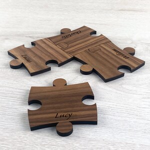 Personalized Walnut Wood Jigsaw Puzzle Coasters, Custom Family Name Engraving