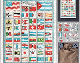May include: A vintage jigsaw puzzle featuring a chart of flags from around the world. The puzzle is titled "Flags of All Nations" and includes flags from countries such as the United States, Cuba, Great Britain, and Mexico.