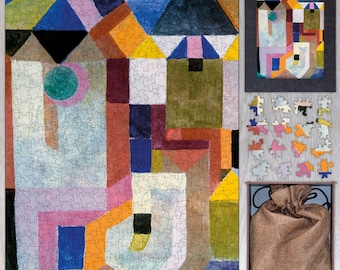 May include: A colorful abstract jigsaw puzzle featuring geometric shapes in shades of blue, green, yellow, orange, red, and brown. The puzzle is set against a white background and includes a small framed image of the completed puzzle.