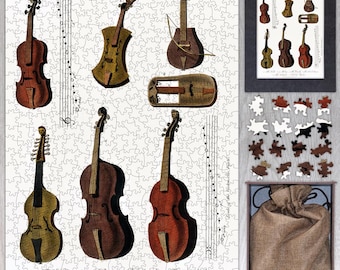 May include: A vintage illustration of various string instruments, including a violin, viola, cello, and a theorbo. The image is titled "Music" and includes musical notation.