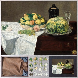 Still Life with Melon and Peaches Wooden Jigsaw Puzzle By Édouard Manet. Wooden Puzzle For Adults - 35, 108, 250, 500, 750 or 1000 pieces.