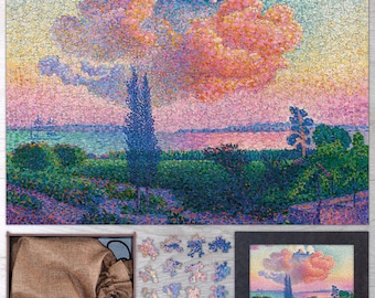 May include: A jigsaw puzzle depicting a landscape with a large pink cloud in the sky, a lake, and trees. The puzzle pieces are arranged in a way that creates a pointillist effect.