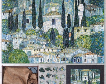 May include: A colorful jigsaw puzzle depicting a village scene with a church in the background. The puzzle features a variety of buildings, trees, and people. The puzzle is made of high-quality materials and is perfect for adults and children alike.