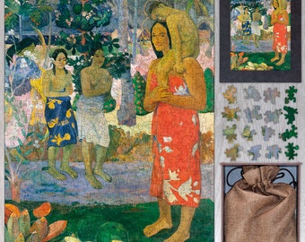 May include: A colorful painting depicting five figures in a tropical setting. The central figure is a woman in a red dress with floral patterns, holding a child in her arms. The other figures are dressed in similar clothing and stand in a group, surrounded by lush greenery.