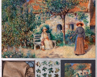 May include: A vintage jigsaw puzzle depicting a woman and child sitting on a bench in a garden setting. The woman is wearing a straw hat and a long dress, while the child is wearing a white dress. There is a second woman in the background, wearing a straw hat and a long dress, walking towards the viewer. The puzzle is made of wood and has a rustic, antique look.