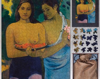 May include: Two women stand side-by-side in a lush green setting. The woman on the left holds a plate of red fruit. Both women are wearing blue and pink clothing. The painting is in a vibrant, impressionistic style.