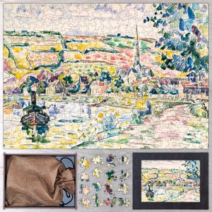 Petit Andely-The River Bank Wooden Jigsaw Puzzle By Paul Signac. Wooden Jigsaw Puzzles For Adults - 35, 108, 250, 500, 750 or 1000 pieces.