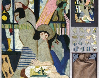 May include: A vintage jigsaw puzzle depicting a group of people in a cafe setting. The puzzle features a colorful, abstract style with geometric shapes and bold lines. The puzzle pieces are made of wood and come in a variety of sizes and shapes. The puzzle is packaged in a wooden box with a fabric bag.