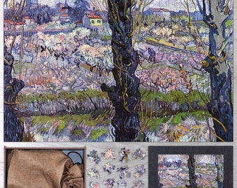View of Arles, Flowering Orchards Wooden Puzzle By Vincent van Gogh. Wooden Puzzle For Adults - 35, 108, 250, 500, 750 or 1000 pieces.