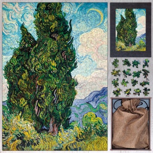 Cypresses Wooden Jigsaw Puzzle By Vincent van Gogh. Wooden Jigsaw Puzzles For Adults - 35, 108, 250, 500, 750 or 1000 pieces.