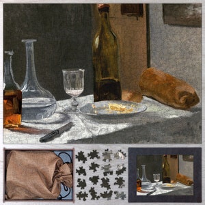 Still Life with Bottle, Carafe, Bread, and Wine Wooden Puzzle By Claude Monet. Wooden Art Puzzles - 35, 108, 250, 500, 750 or 1000 pieces.