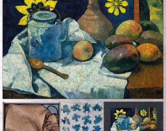 May include: A still life painting of a blue teapot, a wooden pitcher, a bowl of fruit, and a wooden spoon on a white tablecloth. The background is dark blue with yellow flowers.