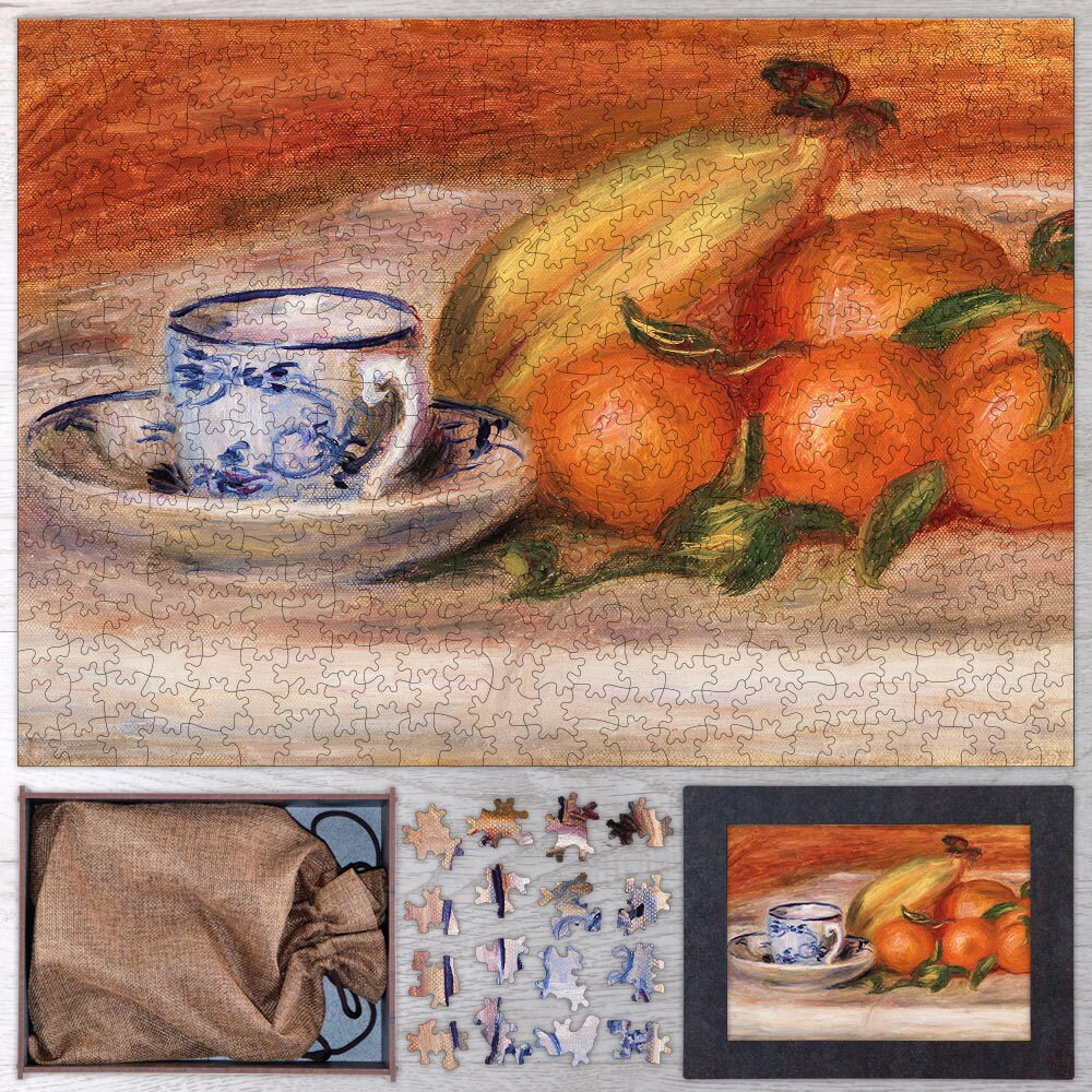 Oranges, Bananas, and Teacup Wooden Puzzle By Pierre Auguste Renoir. Wooden Art Jigsaw For Adults - 35, 108, 250, 500, 750 or 1000 pieces.