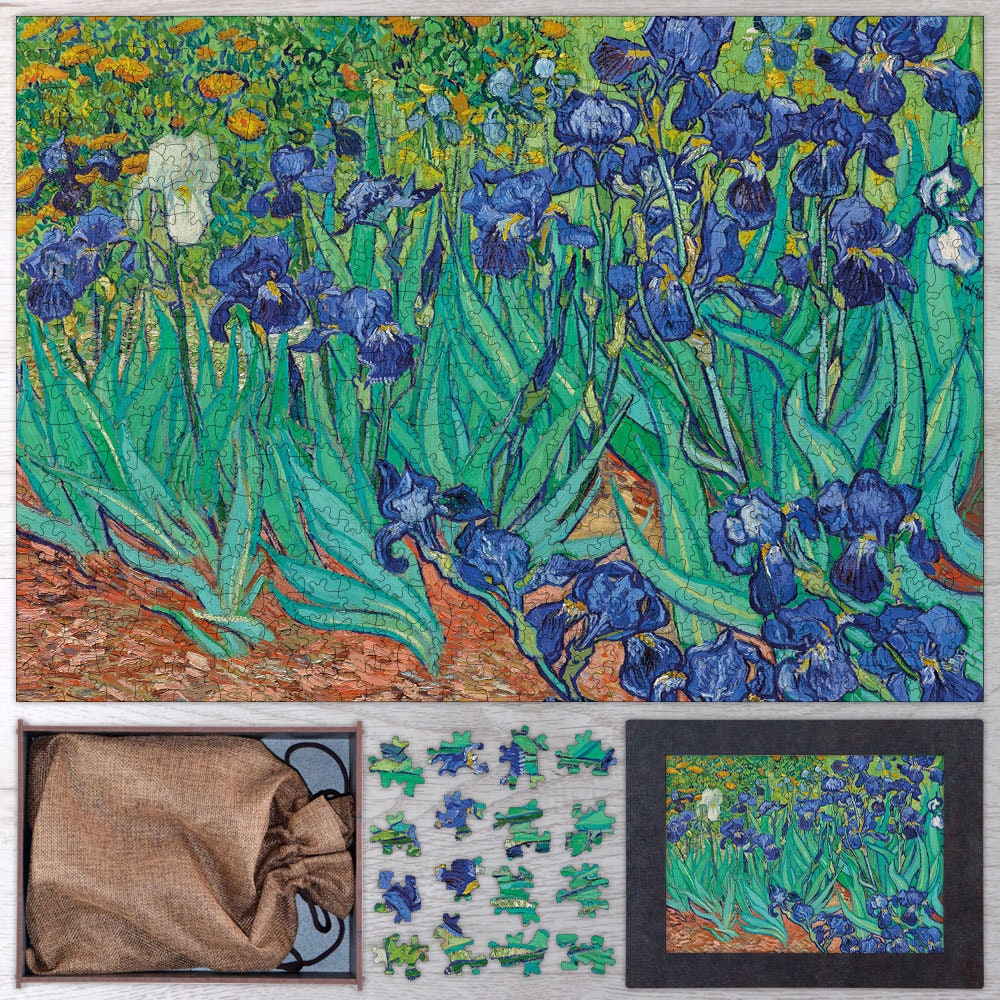 Irises Wooden Jigsaw Puzzle By Vincent van Gogh. Wooden Jigsaw Puzzles For Adults - 35, 108, 250, 500, 750 or 1000 pieces.