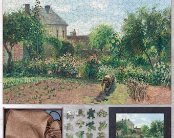May include: A 1000-piece jigsaw puzzle featuring a painting of a garden scene. The puzzle depicts a woman tending to a garden with a house and trees in the background. The puzzle pieces are made of sturdy cardboard and come in a variety of shapes and sizes.