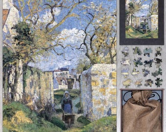 May include: A 1000-piece jigsaw puzzle featuring a painting of a woman walking down a path in a village. The painting is in a realistic style with muted colors, including greens, browns, and blues. The puzzle is packaged in a wooden box with a fabric bag.