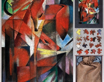 May include: Abstract painting of two red foxes in a cubist style. The painting is made up of geometric shapes and bold colors. The foxes are depicted in a dynamic pose, with their bodies overlapping and their tails intertwined. The background is a mix of green, blue, and purple.
