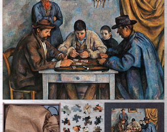 May include: A painting of five men playing cards around a table. The men are dressed in 19th-century clothing and are sitting in a room with a wooden floor and walls. The painting is done in a style that is reminiscent of Impressionism.