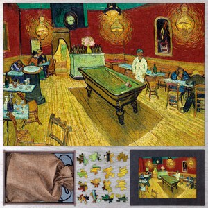 The Night Café Wooden Jigsaw Puzzle By Vincent van Gogh. Wooden Jigsaw Puzzles For Adults - 35, 108, 250, 500, 750 or 1000 pieces.