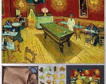 May include: A vintage-style painting of a bar scene with a pool table in the center. The bar is dimly lit with a warm, yellow glow. There are people sitting at tables and playing pool. The painting is done in a style reminiscent of Vincent van Gogh.