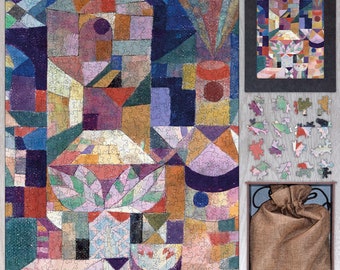 May include: A colorful abstract jigsaw puzzle with a geometric design featuring a house, flowers, and a blue sky. The puzzle is made of wood and comes with a canvas bag for storage.