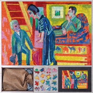 The Visit - Couple and Newcomer Wooden Puzzle By Ernst Ludwig Kirchner. Wooden Puzzles For Adults - 35, 108, 250, 500, 750 or 1000 pieces.