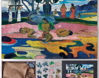 May include: A colorful jigsaw puzzle depicting a scene from Paul Gauguin's painting 'Where Do We Come From? What Are We? Where Are We Going?', featuring figures in a tropical landscape with a blue ocean and pink sand.