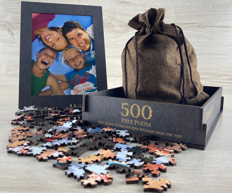 Custom wooden jigsaw puzzle made from your photo, showcasing a personalized design. The puzzle features premium wood pieces with a glossy finish, perfect as a thoughtful gift for any occasion, including birthdays, anniversaries, or holidays.