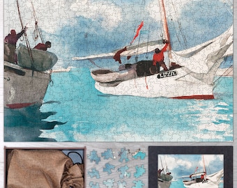 May include: A watercolor painting of two sailboats on the water. The sailboat in the foreground is white with a red sail and the text "Lizzie" on the side. The sailboat in the background is brown with a white sail. The water is blue and there are clouds in the sky.
