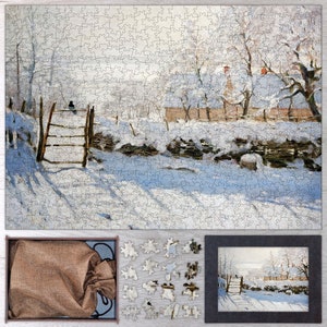 The Magpie Wooden Jigsaw Puzzle By Claude Monet. Wooden Jigsaw Puzzles For Adults - 35, 108, 250, 500, 750 or 1000 pieces.