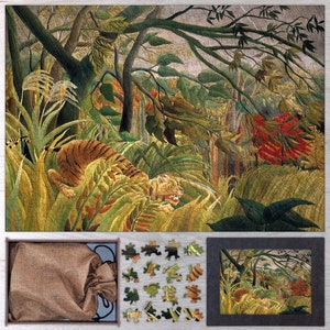 Tiger in a Tropical Storm Wooden Jigsaw Puzzle By Henri Rousseau. Wooden Jigsaw Puzzle For Adults - 35, 108, 250, 500, 750 or 1000 pieces.