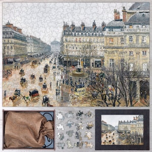 French Theater Square, Paris Wooden Jigsaw Puzzle By Camille Pissarro. Wooden Puzzles For Adults - 35, 108, 250, 500, 750 or 1000 pieces.