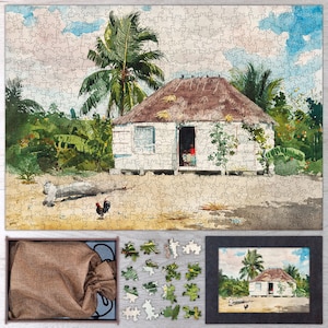 May include: A watercolor painting of a white cottage with a thatched roof, surrounded by lush green foliage and palm trees. A rooster stands in the foreground, and the sky is a light blue with fluffy white clouds.
