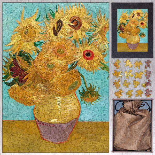 Vase with Twelve Sunflowers Wooden Jigsaw Puzzle By Vincent van Gogh. Wooden Puzzle For Adults - 35, 108, 250, 500, 750 or 1000 pieces.