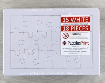 May include: A white jigsaw puzzle with 18 pieces, packaged in a clear plastic bag. The puzzle is designed for drawing and is labeled "15 White Jigsaw Puzzles for Drawing 18 Pieces". A warning label is included, stating "WARNING: CHOKING HAZARD - Small parts not for children under 3 years or any individuals who have a tendency to place small objects in their mouths."