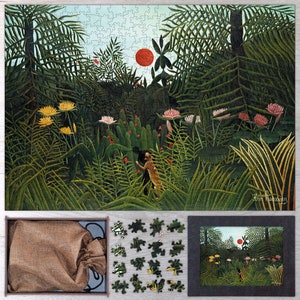 Virgin Forest at Sunset Wooden Jigsaw Puzzle By Henri Rousseau. Wooden Jigsaw Puzzle For Adults - 35, 108, 250, 500, 750 or 1000 pieces.