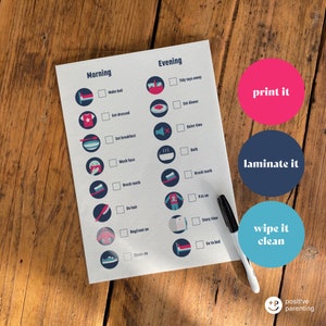 Könnte beinhalten: Eine druckbare Checkliste für Kinder mit Illustrationen von Morgen- und Abendroutinen. Die Checkliste enthält Aktivitäten wie Bett machen, Anziehen, Frühstück essen, Zähne putzen und ins Bett gehen. Die Checkliste soll Kindern helfen, eine tägliche Routine zu lernen und zu befolgen.