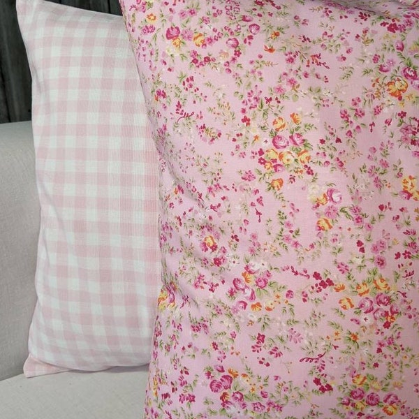 Pretty Pink ditsy floral print cushion cover, Candyfloss gingham back. 16" x 16"/40cm x 40cm.Square. Cotton