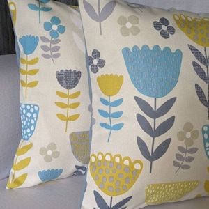 Scandi Floral Cushion Cover: Teal, Ochre & Grey Cotton Pillow